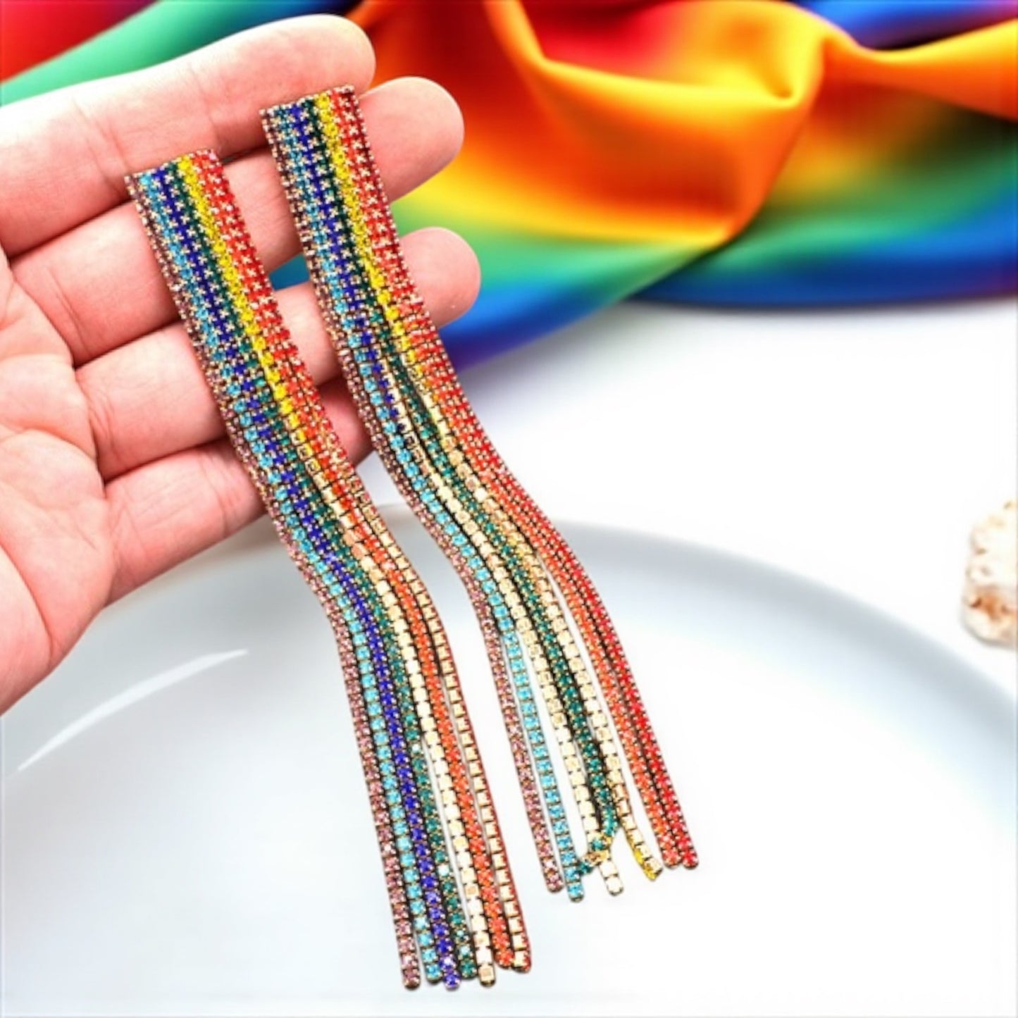 Catch the Rainbow: Oversized Rhinestone Dangle Earrings! 🌈