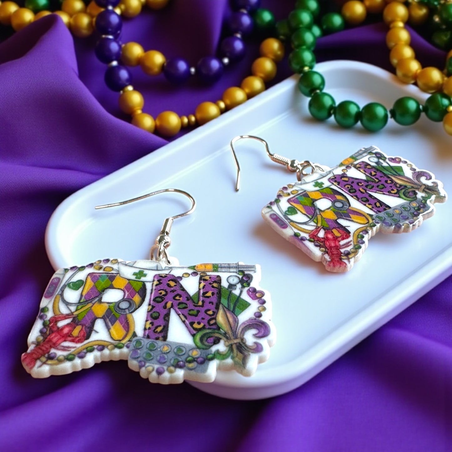 RN & Ready to Mardi! – Nurse Mardi Gras Earrings 🎉