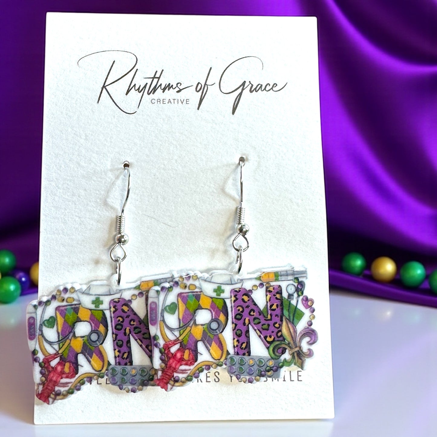 RN & Ready to Mardi! – Nurse Mardi Gras Earrings 🎉