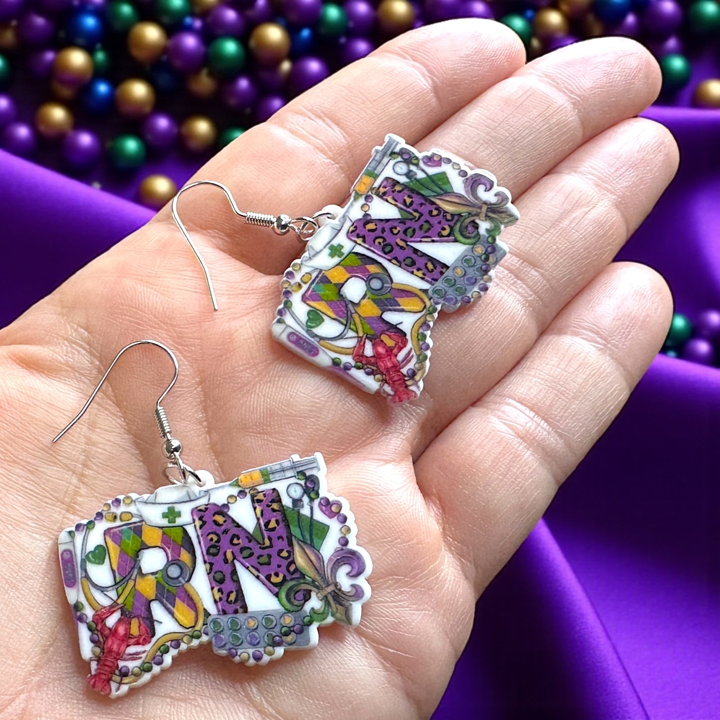 RN & Ready to Mardi! – Nurse Mardi Gras Earrings 🎉