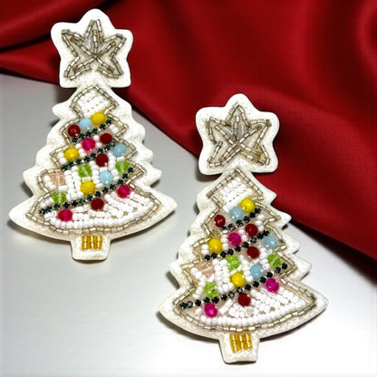 Sparkling Winter Charm: Beaded White Christmas Tree Earrings!