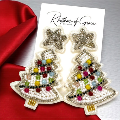 Sparkling Winter Charm: Beaded White Christmas Tree Earrings!