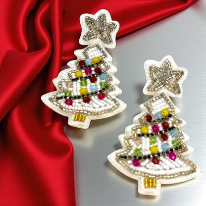 Sparkling Winter Charm: Beaded White Christmas Tree Earrings!