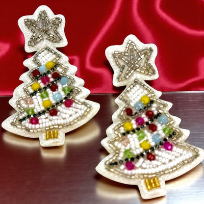 Sparkling Winter Charm: Beaded White Christmas Tree Earrings!
