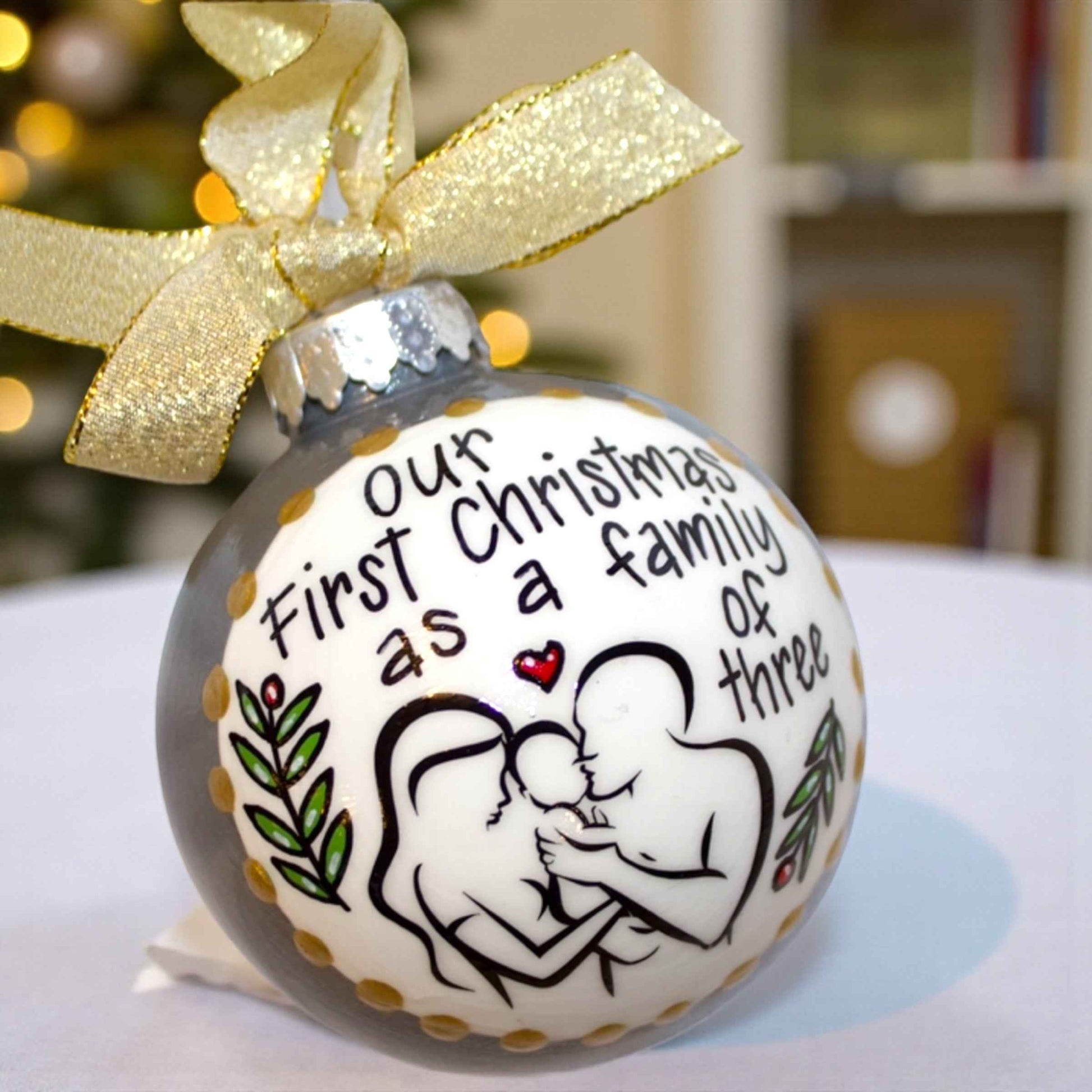 “Our First Christmas as a Family of Three” Personalized Ornament | Hand-Painted Keepsake