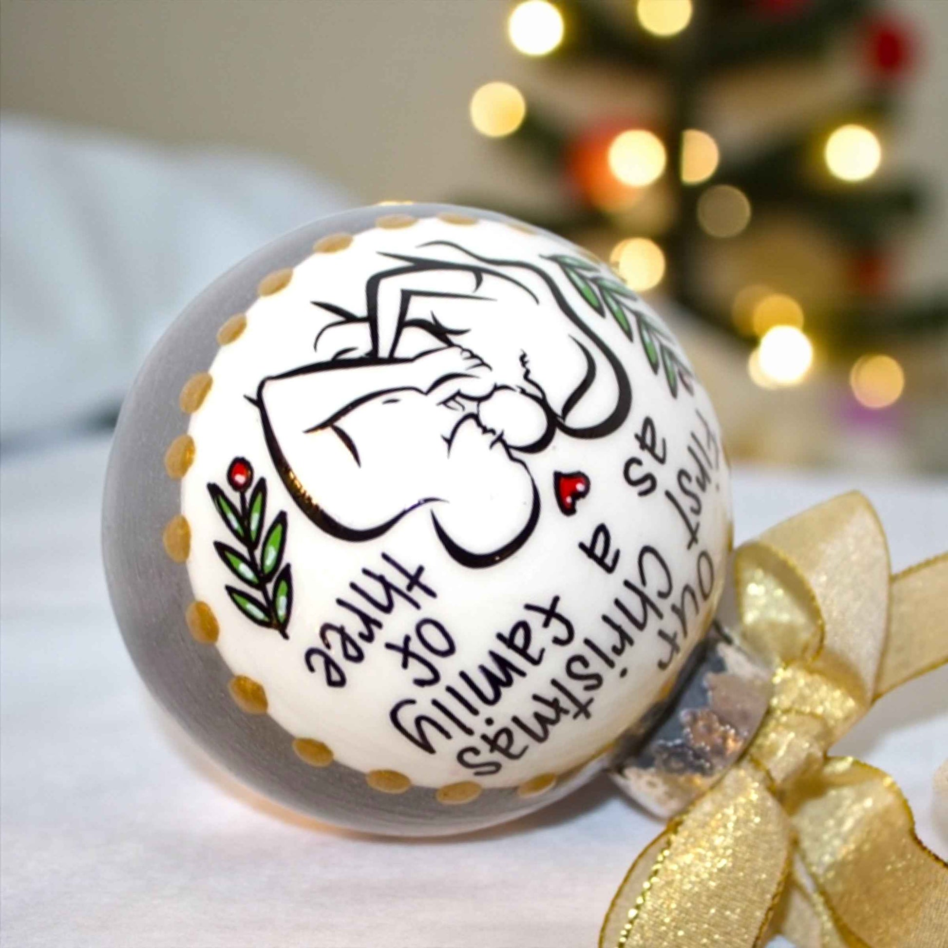 “Our First Christmas as a Family of Three” Personalized Ornament | Hand-Painted Keepsake