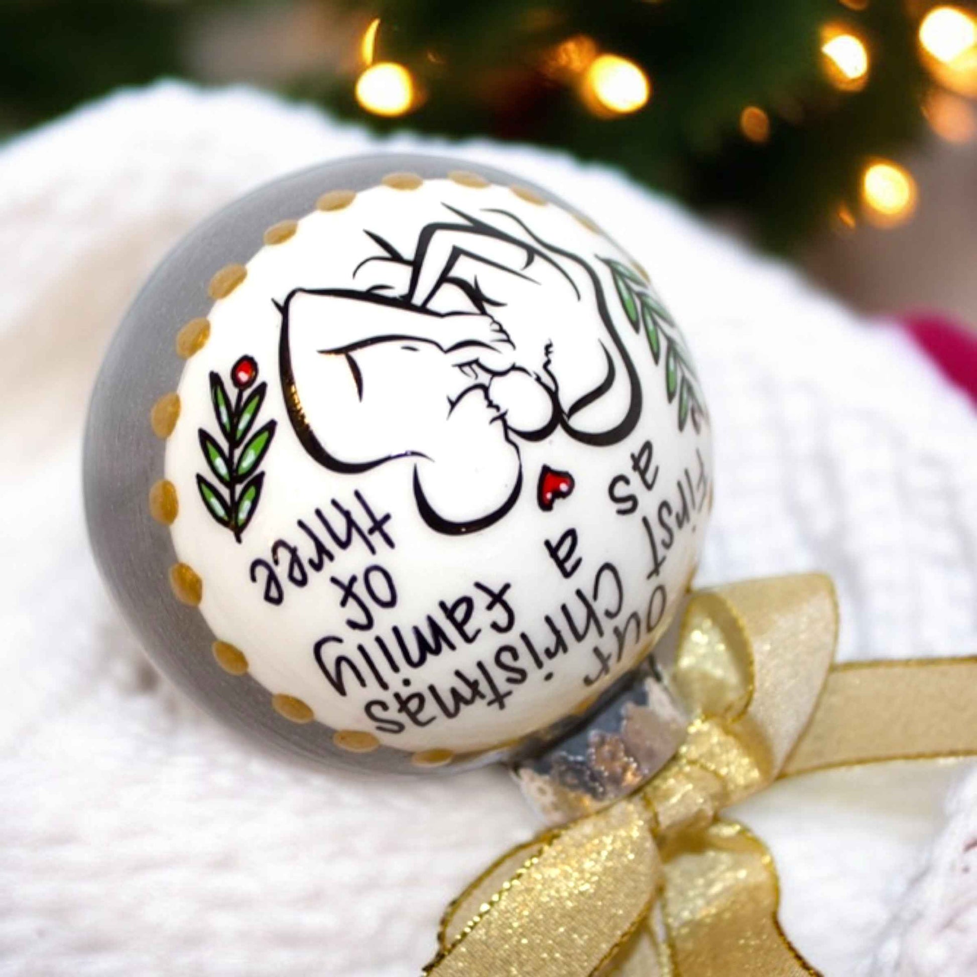 “Our First Christmas as a Family of Three” Personalized Ornament | Hand-Painted Keepsake