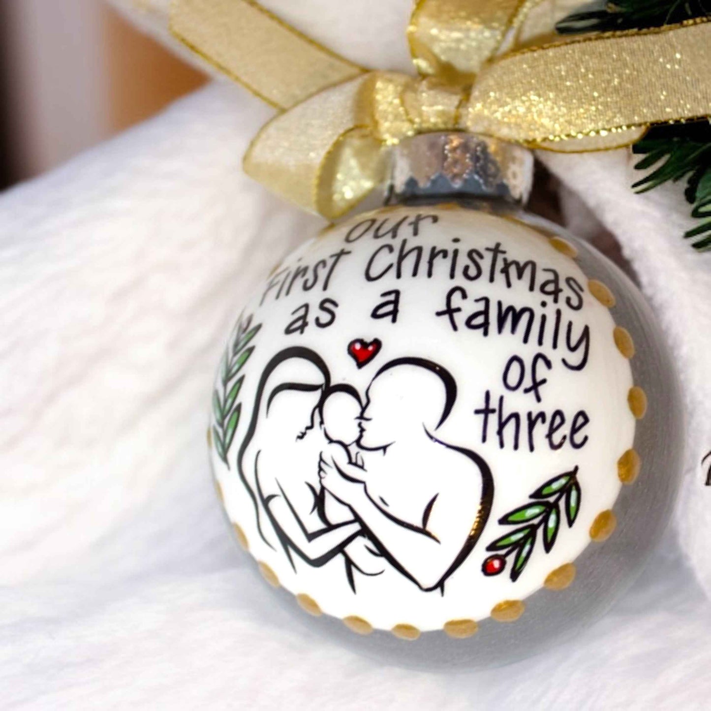 “Our First Christmas as a Family of Three” Personalized Ornament | Hand-Painted Keepsake