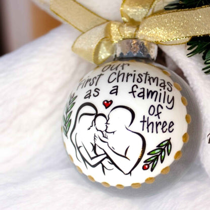 “Our First Christmas as a Family of Three” Personalized Ornament | Hand-Painted Keepsake