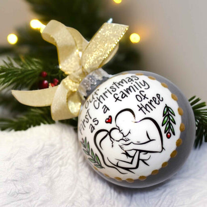 “Our First Christmas as a Family of Three” Personalized Ornament | Hand-Painted Keepsake