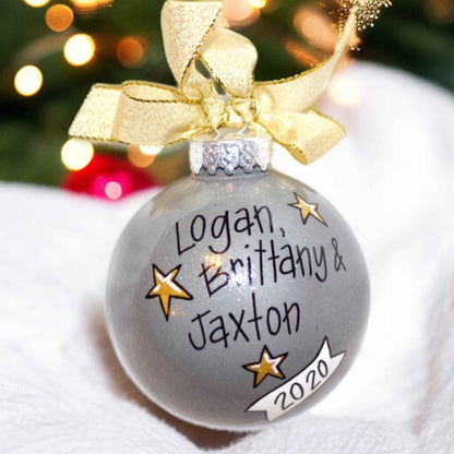 “Our First Christmas as a Family of Three” Personalized Ornament | Hand-Painted Keepsake