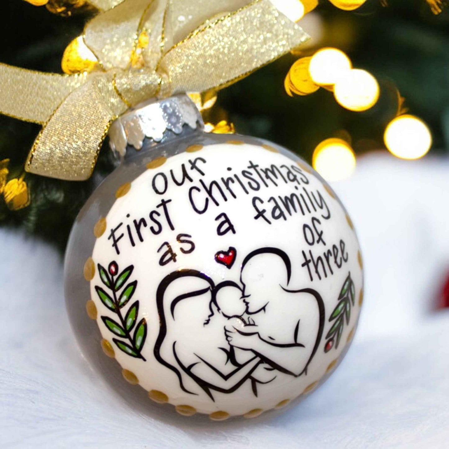 “Our First Christmas as a Family of Three” Personalized Ornament | Hand-Painted Keepsake