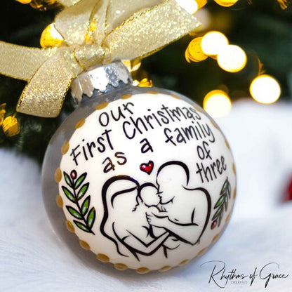 “Our First Christmas as a Family of Three” Personalized Ornament | Hand-Painted Keepsake