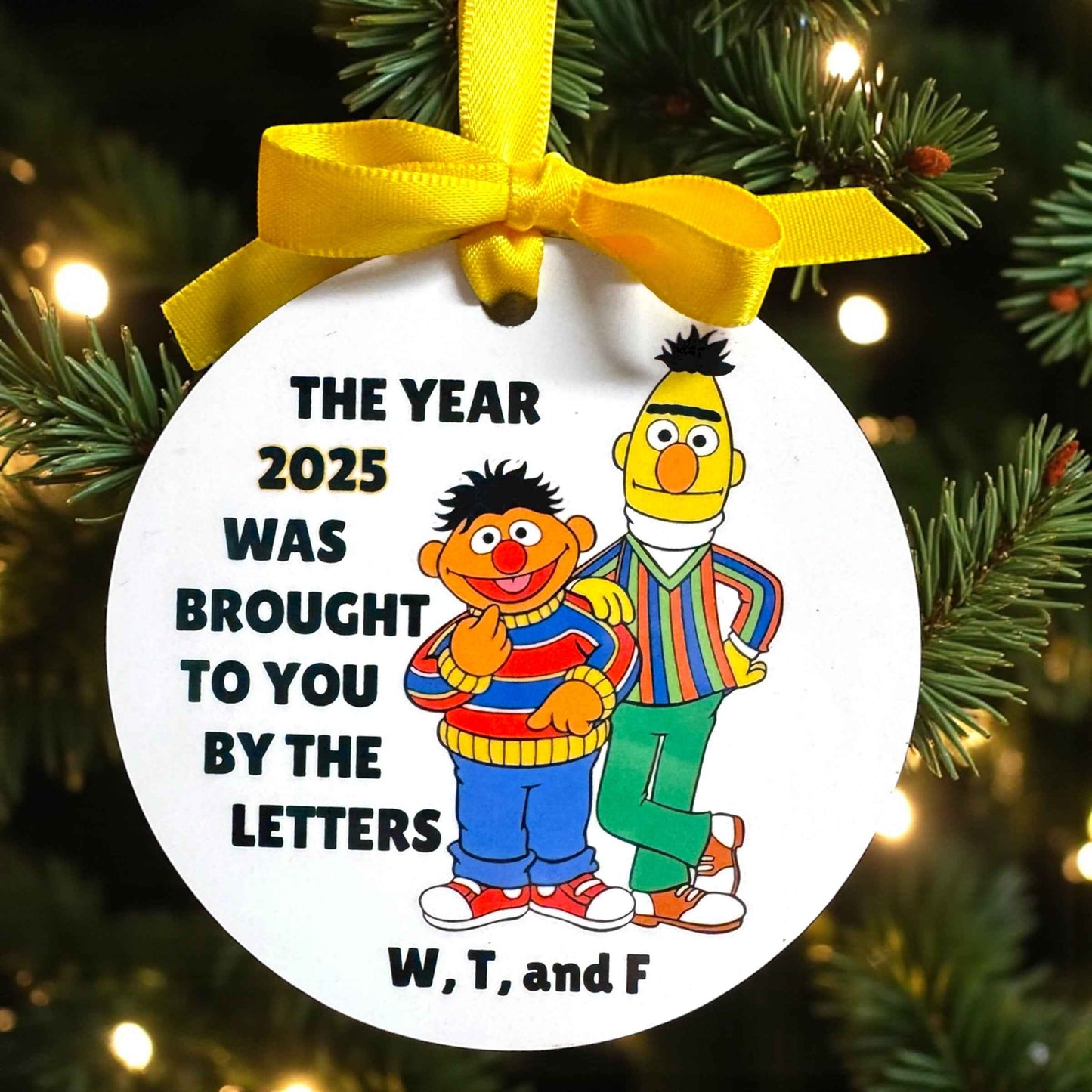 “The Year 2025 Was Brought to You By the Letters W, T & F” Ornament | Funny Bert & Ernie Christmas Ornament