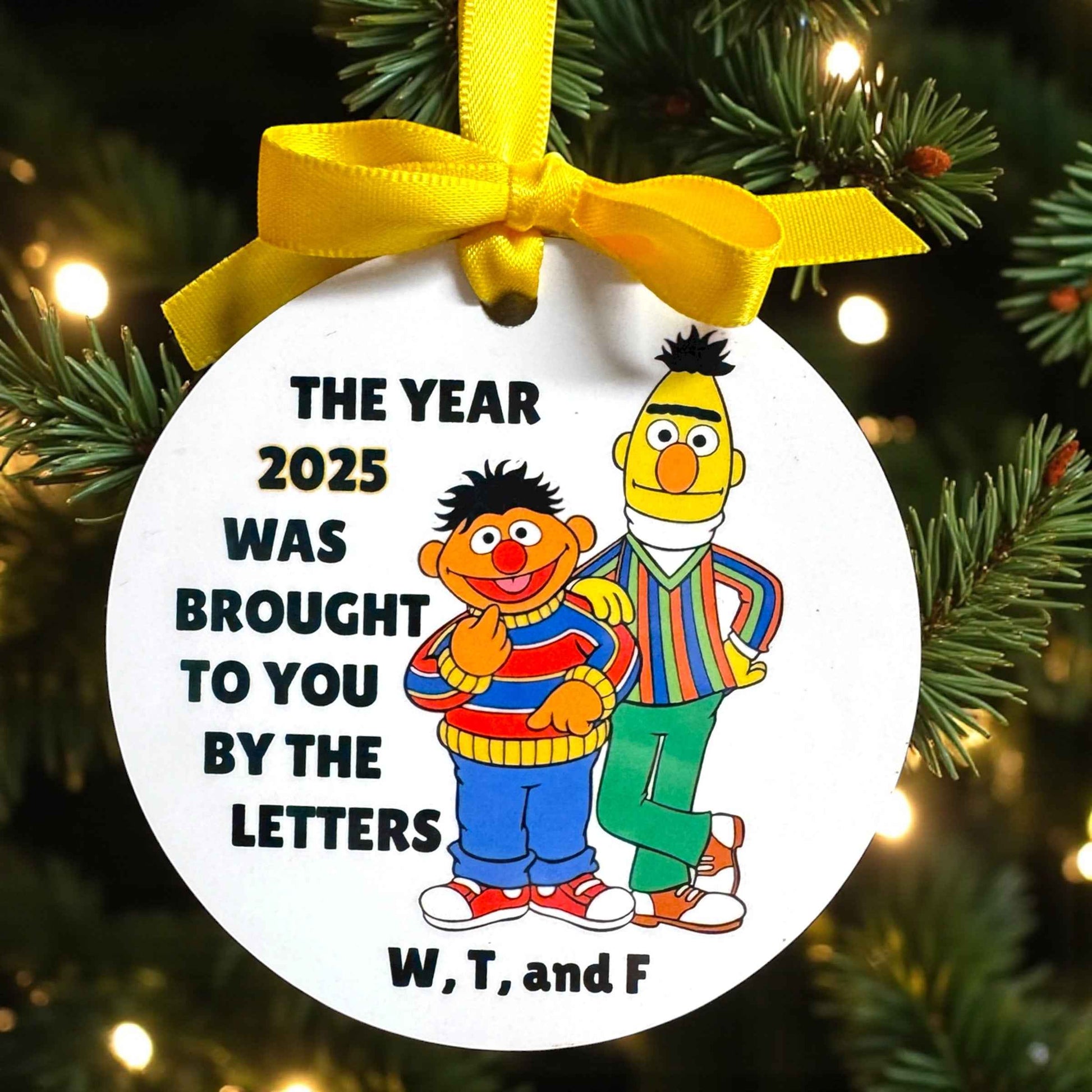 “The Year 2025 Was Brought to You By the Letters W, T & F” Ornament | Funny Bert & Ernie Christmas Ornament