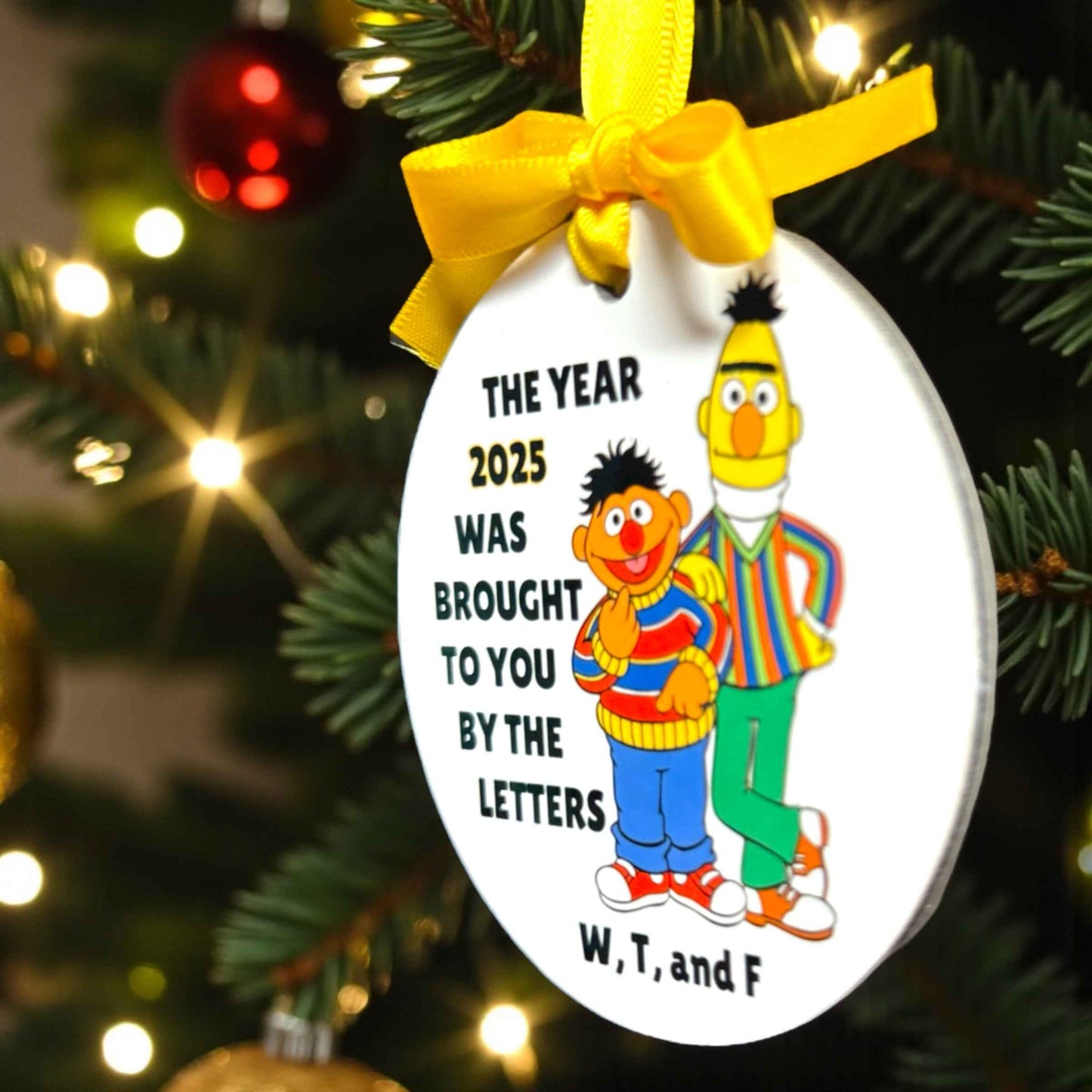 “The Year 2025 Was Brought to You By the Letters W, T & F” Ornament | Funny Bert & Ernie Christmas Ornament