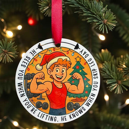 He Sees You When You’re Lifting – Funny Gym Christmas Ornament | Fitness Ornament for Gym Lovers