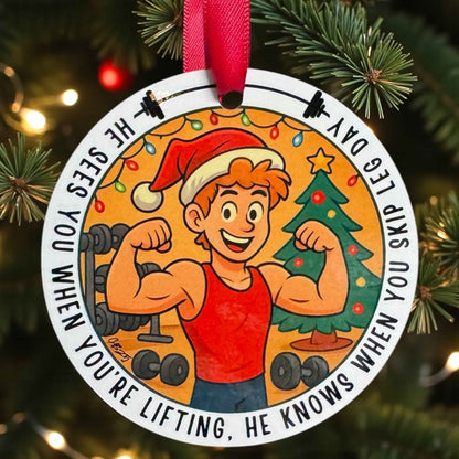He Sees You When You’re Lifting – Funny Gym Christmas Ornament | Fitness Ornament for Gym Lovers