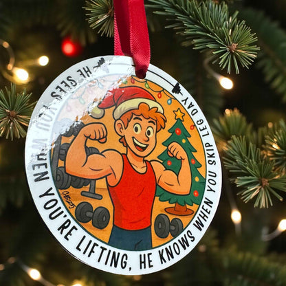 He Sees You When You’re Lifting – Funny Gym Christmas Ornament | Fitness Ornament for Gym Lovers