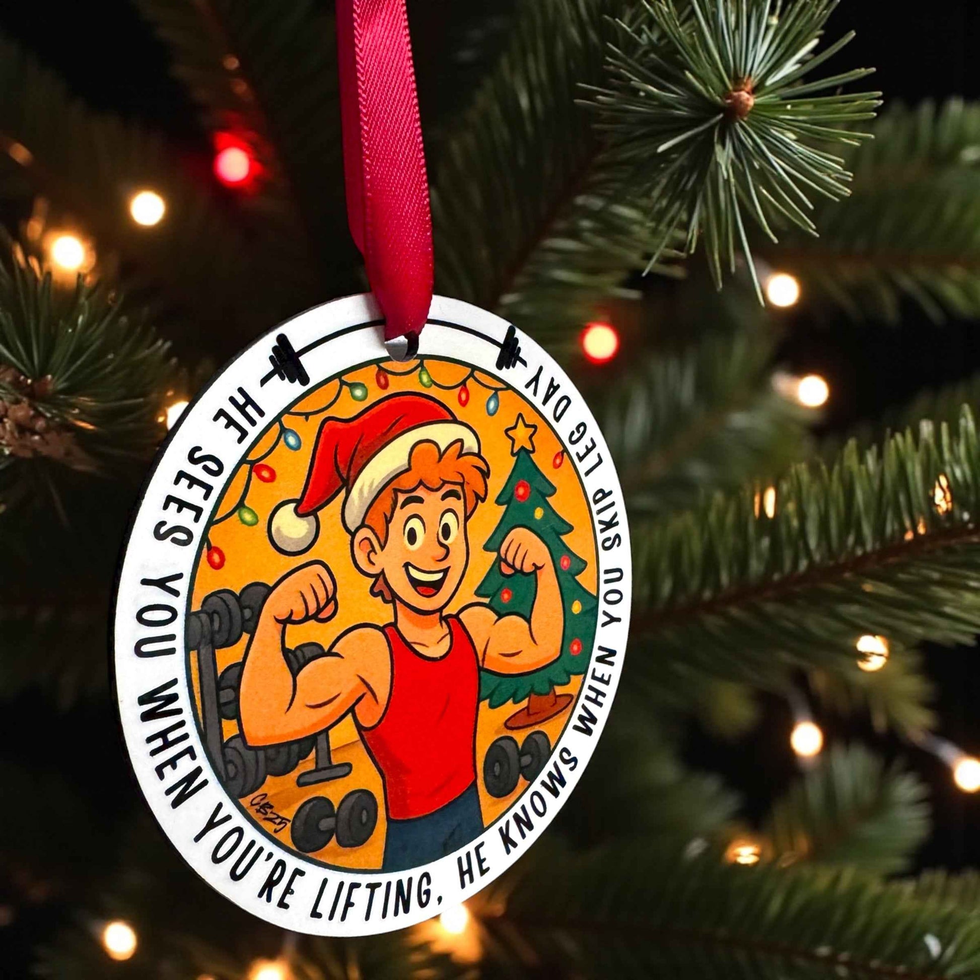 He Sees You When You’re Lifting – Funny Gym Christmas Ornament | Fitness Ornament for Gym Lovers