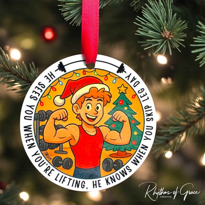 He Sees You When You’re Lifting – Funny Gym Christmas Ornament | Fitness Ornament for Gym Lovers