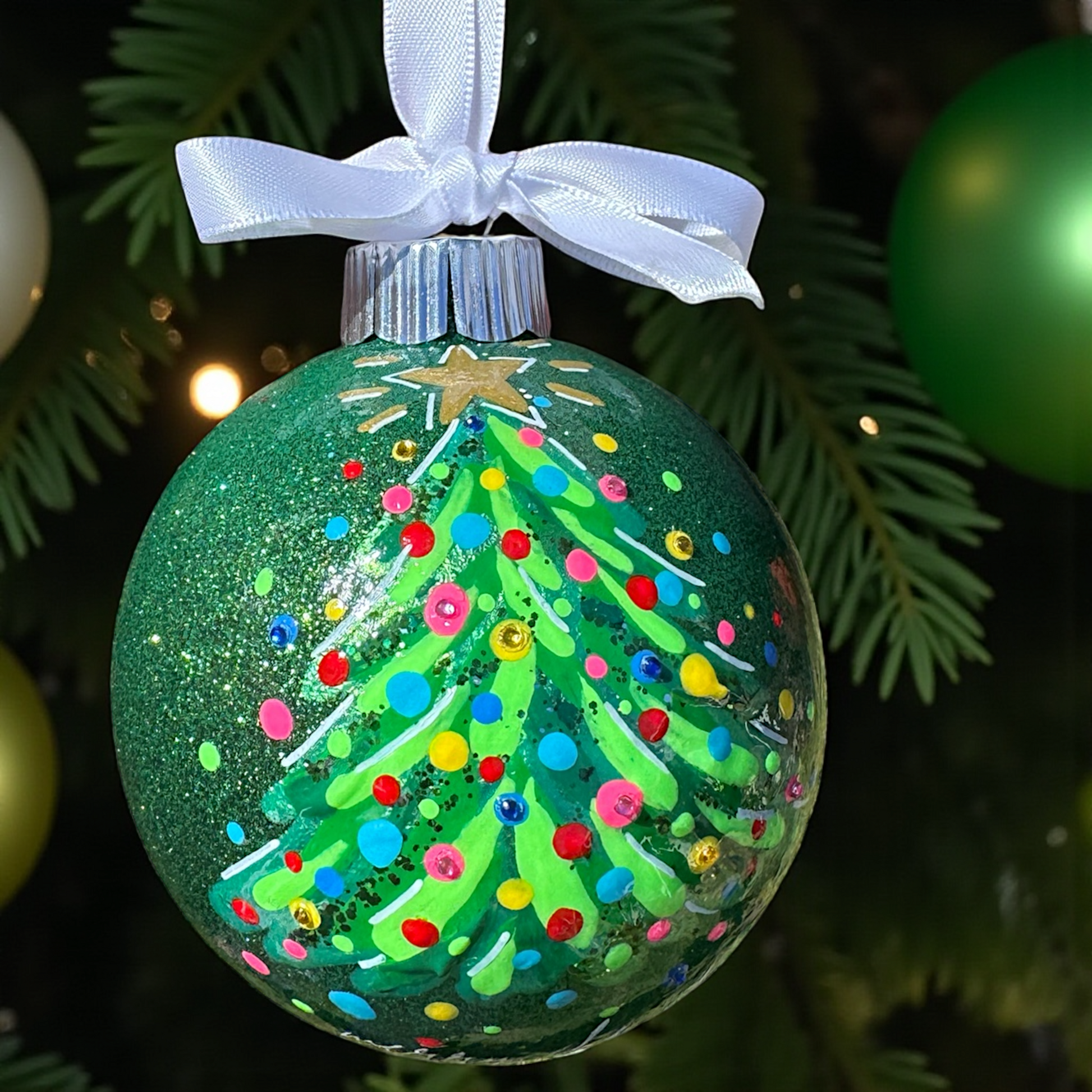 Bright & Colorful Christmas Tree Baubles – Hand-Painted Glitter Ornaments