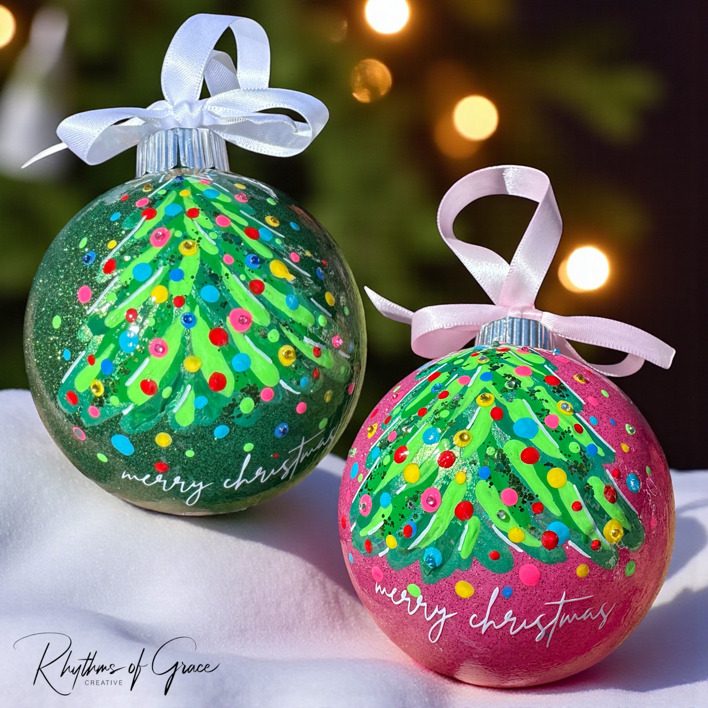 Bright & Colorful Christmas Tree Baubles – Hand-Painted Glitter Ornaments
