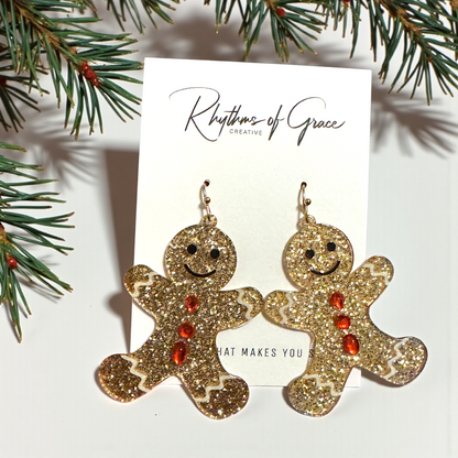 Sparkly Gingerbread Man Earrings – Sparkly Christmas Cookie Dangle Earrings