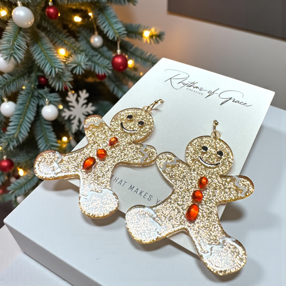 Sparkly Gingerbread Man Earrings – Sparkly Christmas Cookie Dangle Earrings