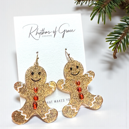 Sparkly Gingerbread Man Earrings – Sparkly Christmas Cookie Dangle Earrings