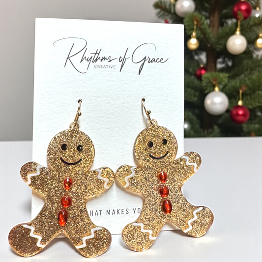 Sparkly Gingerbread Man Earrings – Sparkly Christmas Cookie Dangle Earrings