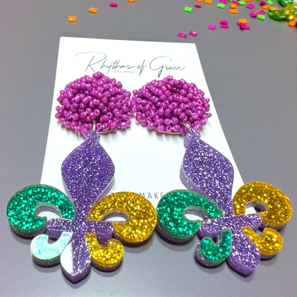 Mardi Gras Magic: Dazzling Beaded Fleur de Lis Dangle Earrings!