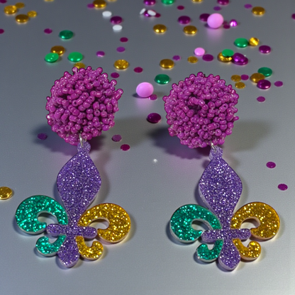 Mardi Gras Magic: Dazzling Beaded Fleur de Lis Dangle Earrings!
