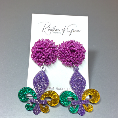 Mardi Gras Magic: Dazzling Beaded Fleur de Lis Dangle Earrings!