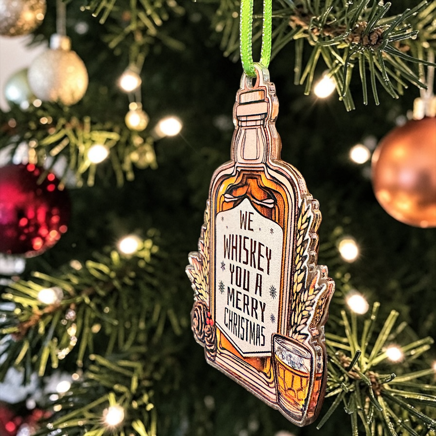 Whiskey Christmas Ornament | Funny “We Whiskey You A Merry Christmas” Ornament | Acrylic Holiday Decor | Gift for Whiskey Lovers