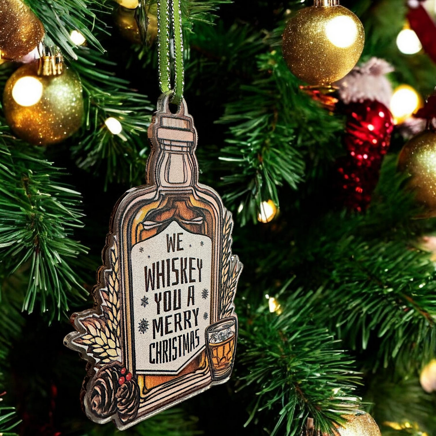 Whiskey Christmas Ornament | Funny “We Whiskey You A Merry Christmas” Ornament | Acrylic Holiday Decor | Gift for Whiskey Lovers