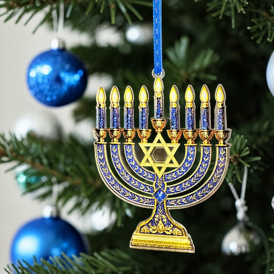 Menorah Christmas Ornament | Hanukkah Menorah Tree Ornament | Jewish Holiday Decor | Acrylic Ornament | Blue & Gold Hanukkah Gift