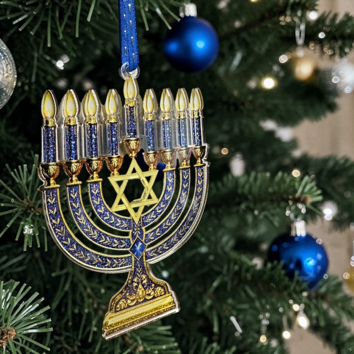 Menorah Christmas Ornament | Hanukkah Menorah Tree Ornament | Jewish Holiday Decor | Acrylic Ornament | Blue & Gold Hanukkah Gift