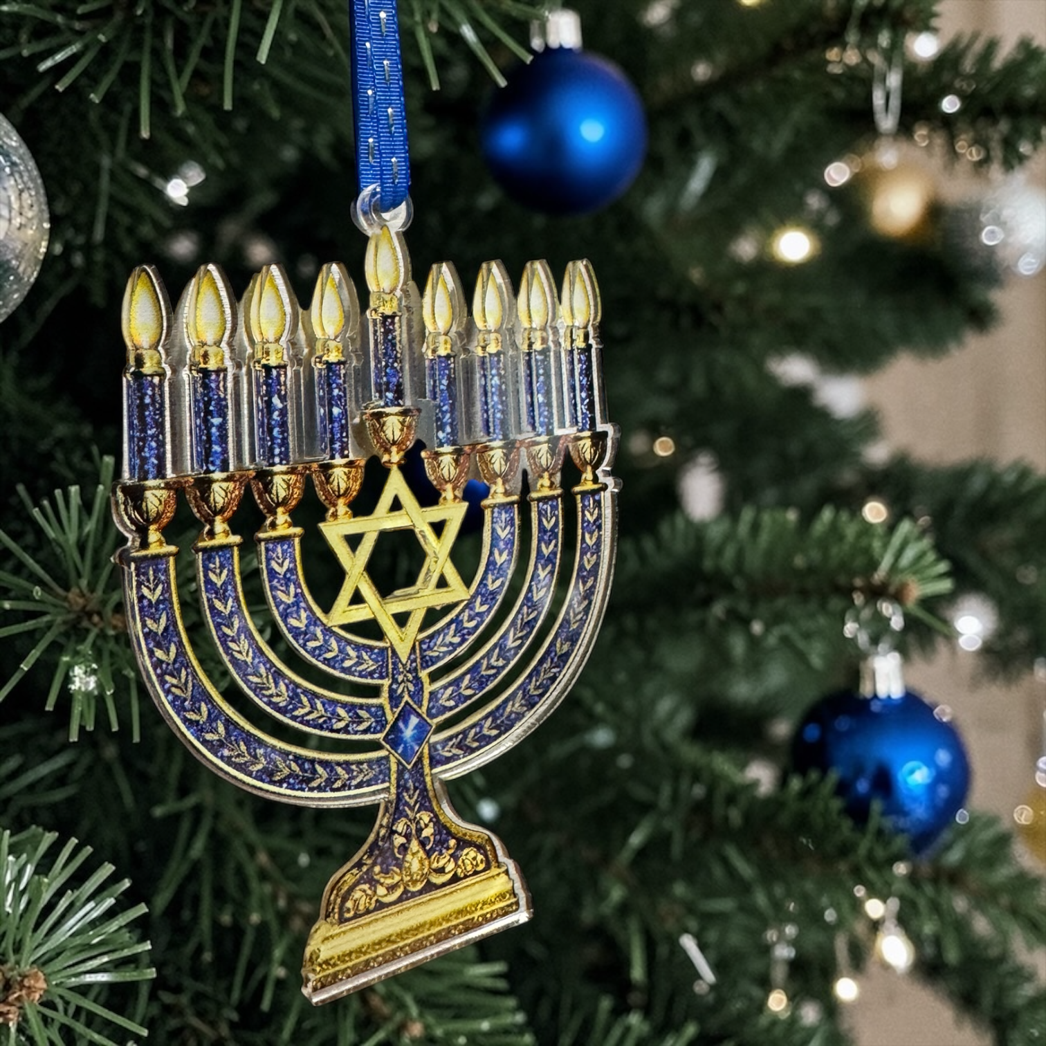 Menorah Christmas Ornament | Hanukkah Menorah Tree Ornament | Jewish Holiday Decor | Acrylic Ornament | Blue & Gold Hanukkah Gift