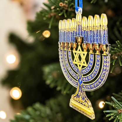 Menorah Christmas Ornament | Hanukkah Menorah Tree Ornament | Jewish Holiday Decor | Acrylic Ornament | Blue & Gold Hanukkah Gift