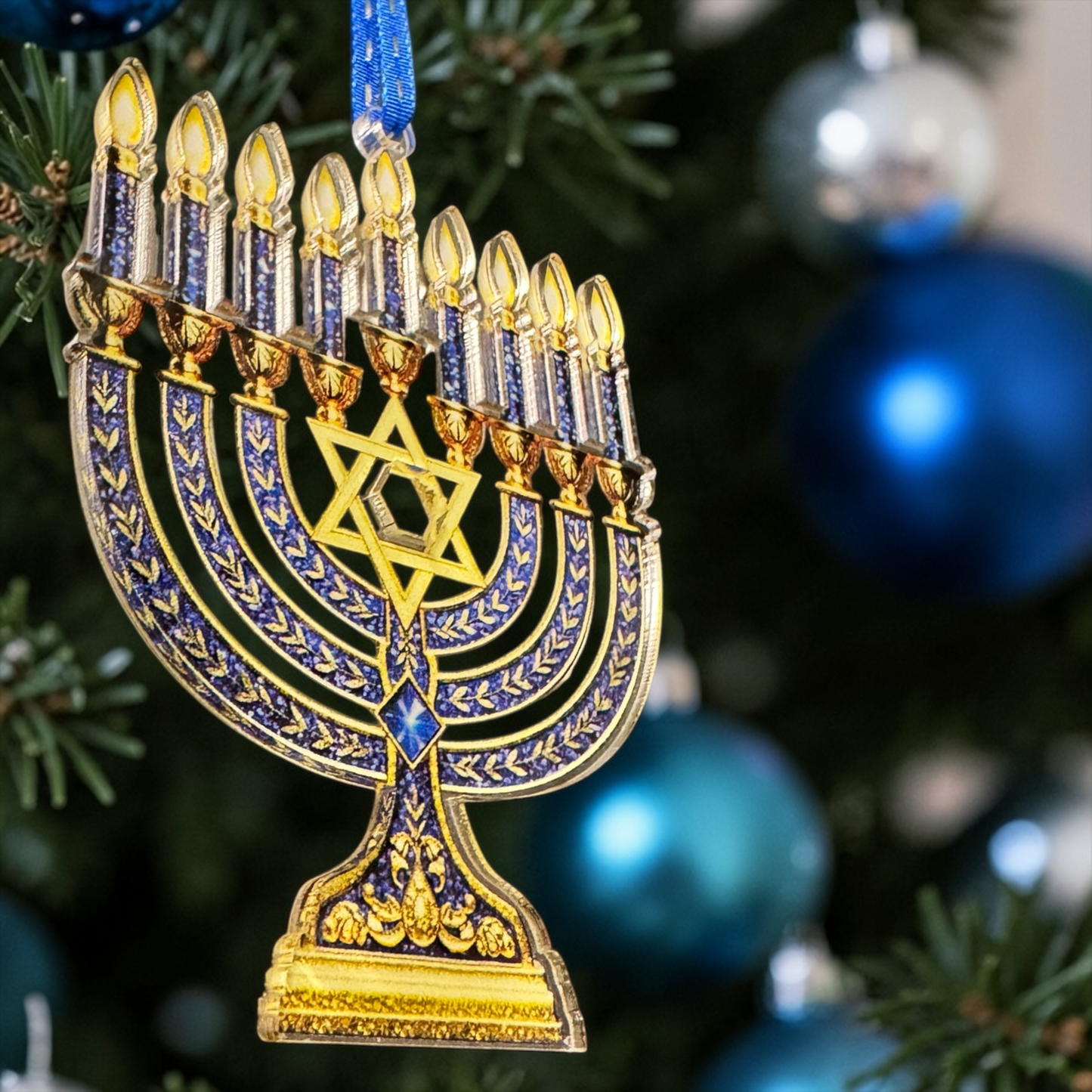 Menorah Christmas Ornament | Hanukkah Menorah Tree Ornament | Jewish Holiday Decor | Acrylic Ornament | Blue & Gold Hanukkah Gift