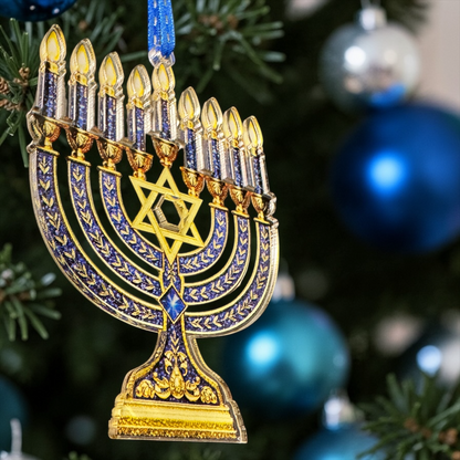 Menorah Christmas Ornament | Hanukkah Menorah Tree Ornament | Jewish Holiday Decor | Acrylic Ornament | Blue & Gold Hanukkah Gift