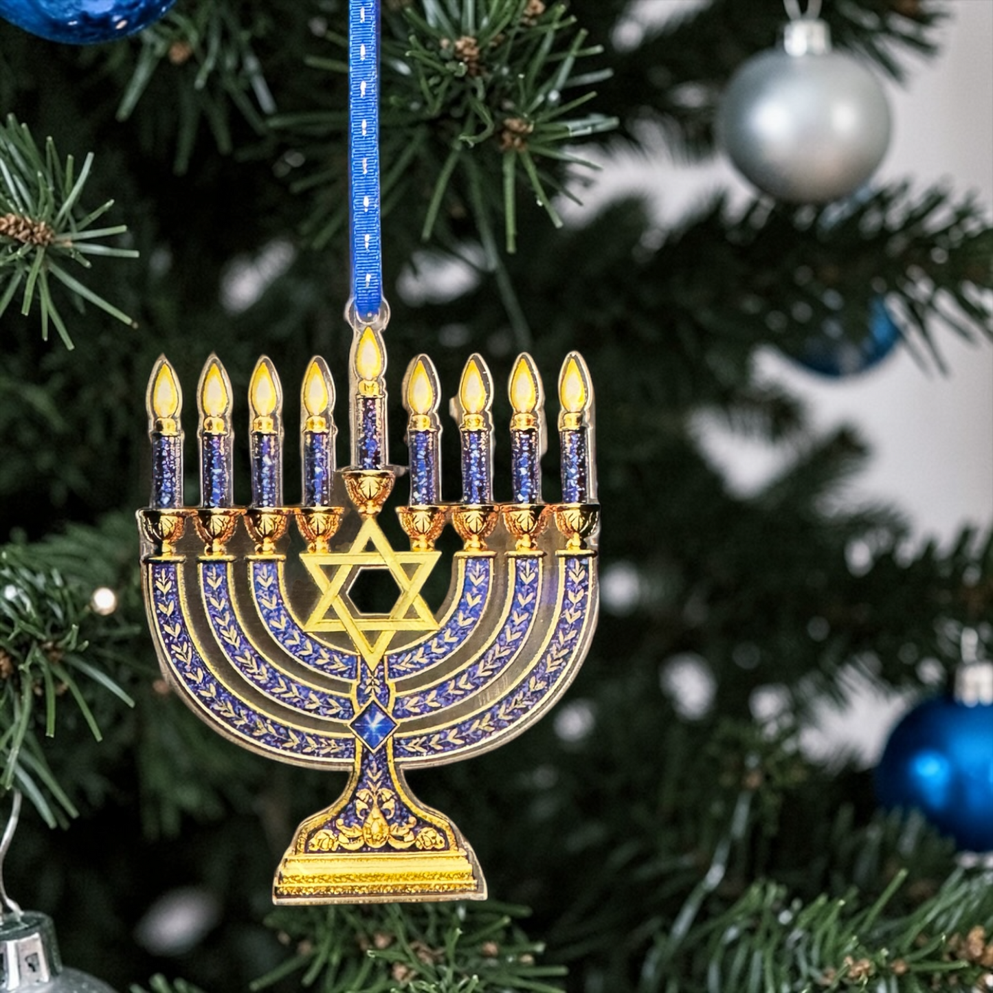 Menorah Christmas Ornament | Hanukkah Menorah Tree Ornament | Jewish Holiday Decor | Acrylic Ornament | Blue & Gold Hanukkah Gift