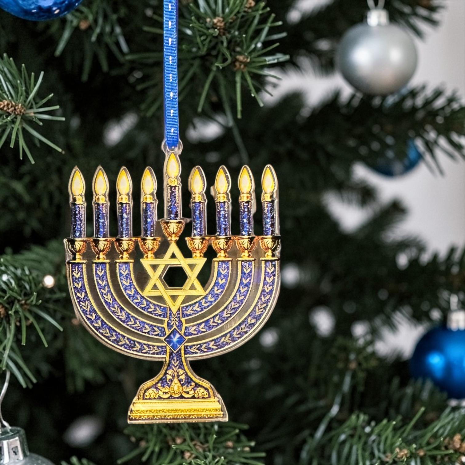 Menorah Christmas Ornament | Hanukkah Menorah Tree Ornament | Jewish Holiday Decor | Acrylic Ornament | Blue & Gold Hanukkah Gift