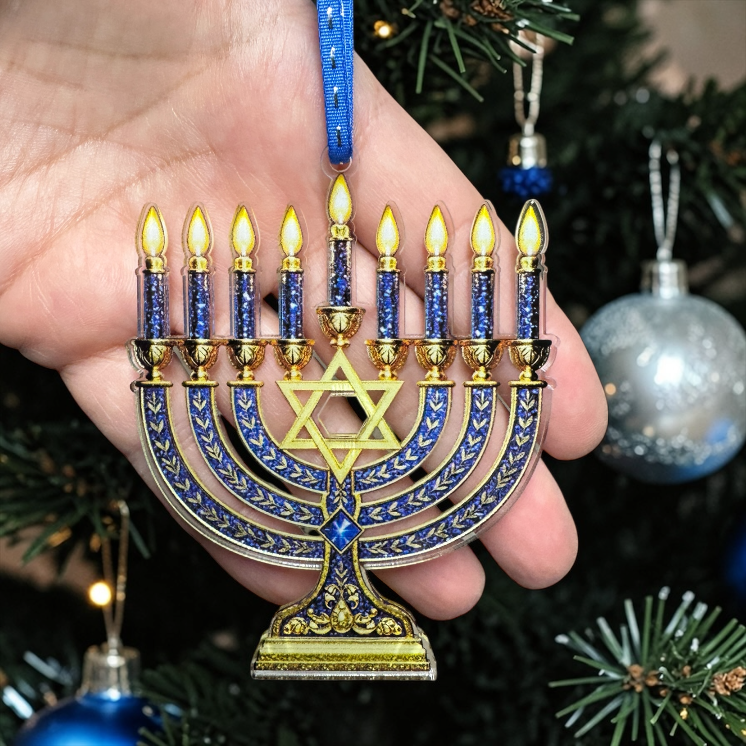 Menorah Christmas Ornament | Hanukkah Menorah Tree Ornament | Jewish Holiday Decor | Acrylic Ornament | Blue & Gold Hanukkah Gift