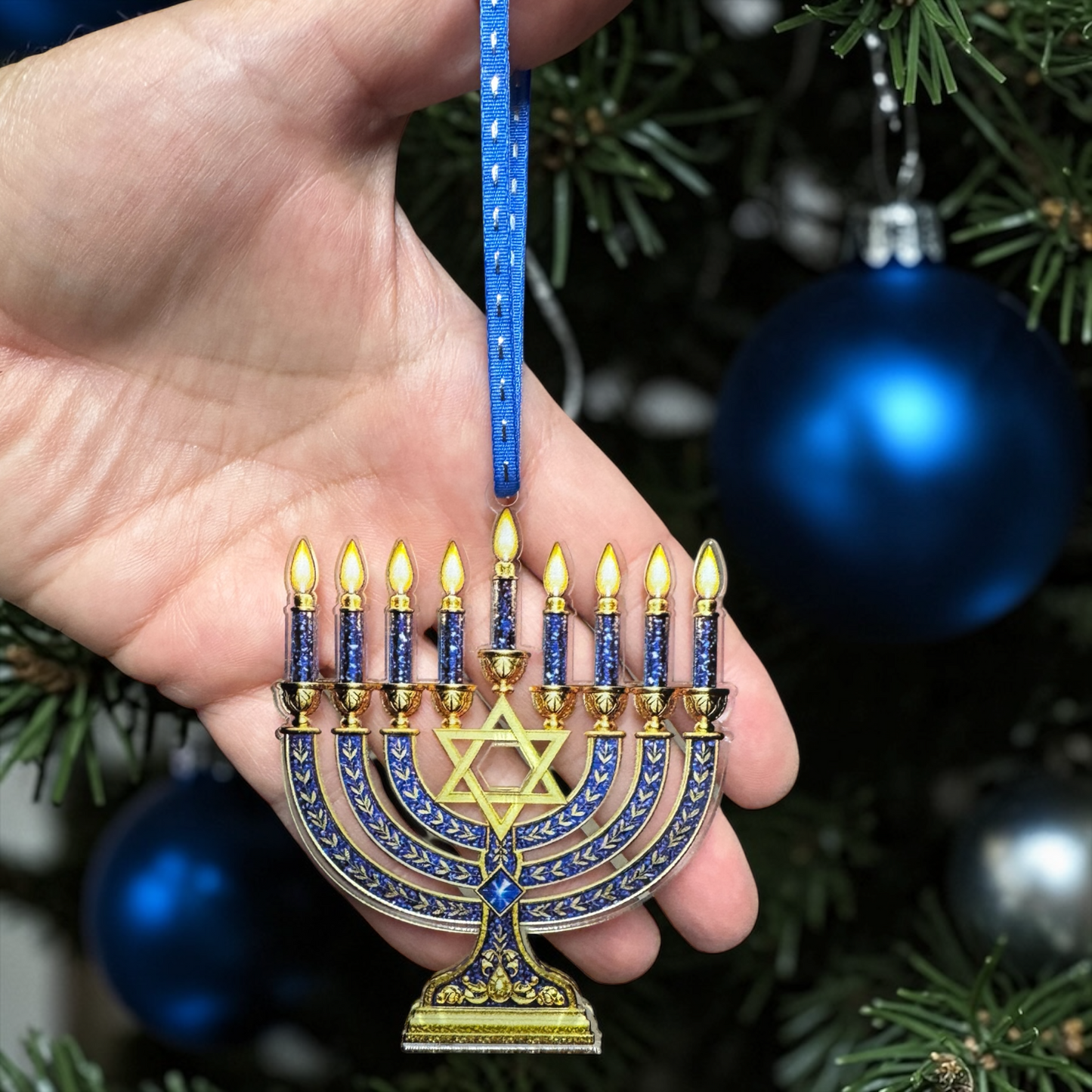 Menorah Christmas Ornament | Hanukkah Menorah Tree Ornament | Jewish Holiday Decor | Acrylic Ornament | Blue & Gold Hanukkah Gift