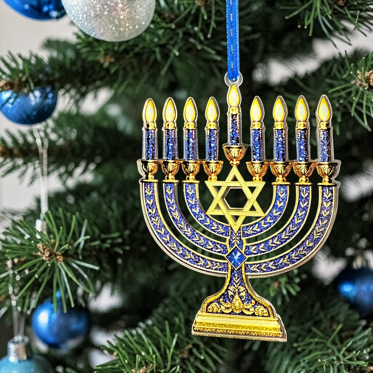 Menorah Christmas Ornament | Hanukkah Menorah Tree Ornament | Jewish Holiday Decor | Acrylic Ornament | Blue & Gold Hanukkah Gift