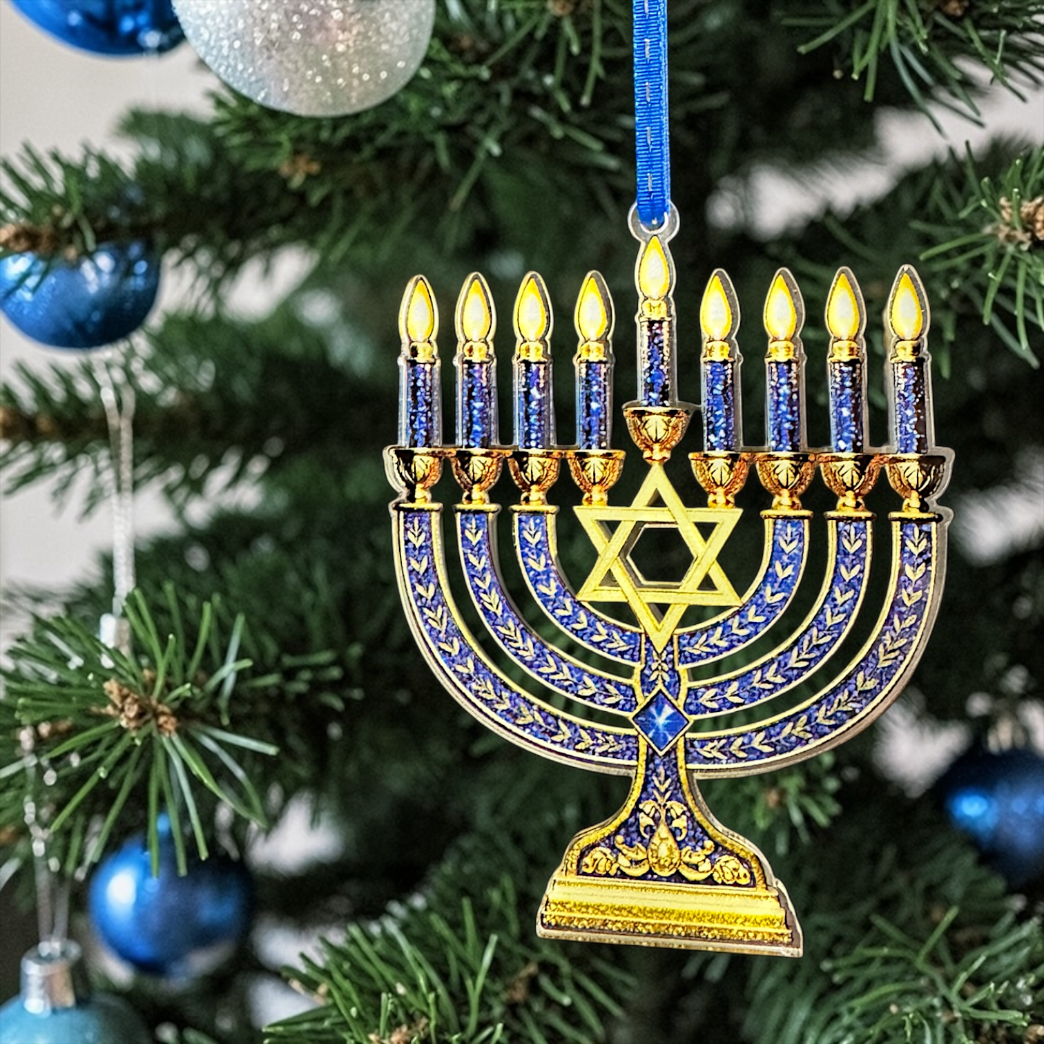 Menorah Christmas Ornament | Hanukkah Menorah Tree Ornament | Jewish Holiday Decor | Acrylic Ornament | Blue & Gold Hanukkah Gift