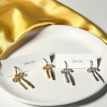 Bow Drop Hoop Earrings | Gold or Silver Mini Hoops with Hanging Bow | Trendy Dainty Statement Earrings | Lightweight Jewelry