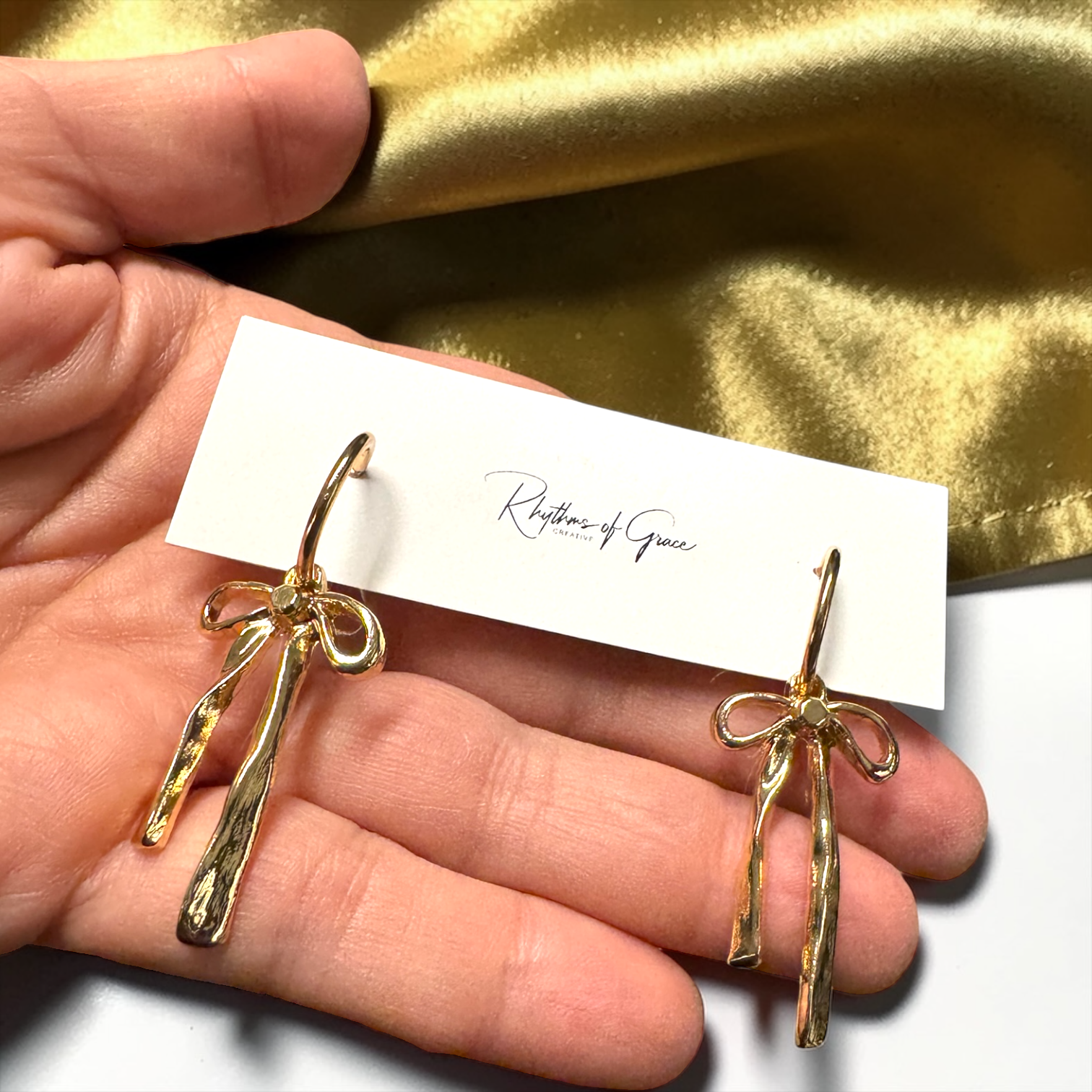 Bow Drop Hoop Earrings | Gold or Silver Mini Hoops with Hanging Bow | Trendy Dainty Statement Earrings | Lightweight Jewelry